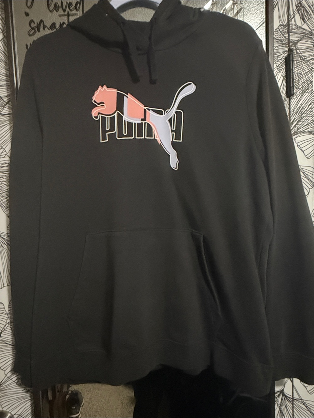 Puma Black Hoodie with Pink and Light Gray Cat Logo